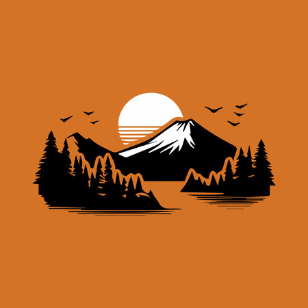Mountain and lake. Vector illustration on orange background. Design element.のイラスト素材