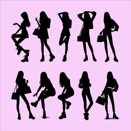 Silhouettes of women with shopping bags on a pink background.のイラスト素材