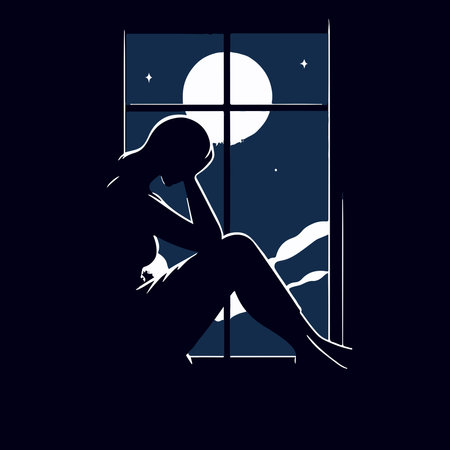Vector illustration of a silhouette of a woman sitting by the window.のイラスト素材