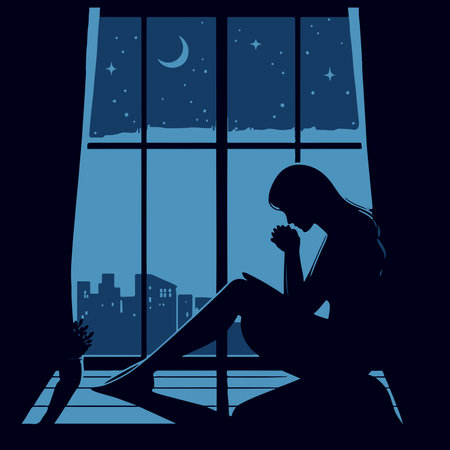 Silhouette of a woman sitting near the window at night.のイラスト素材