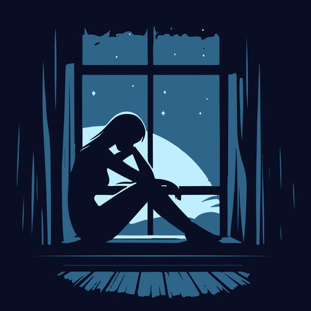 Sad woman sitting at the window, vector illustration. Depression and depression conceptのイラスト素材