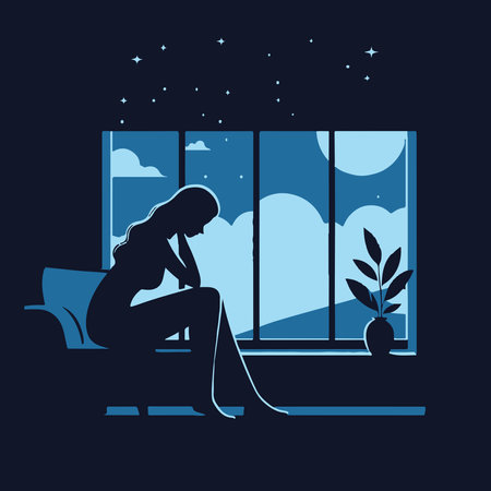 Sad woman sitting on the windowsill at night. Vector illustration.のイラスト素材