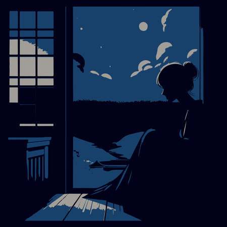 A girl looks out of the window at the moonlight. Vector illustrationのイラスト素材
