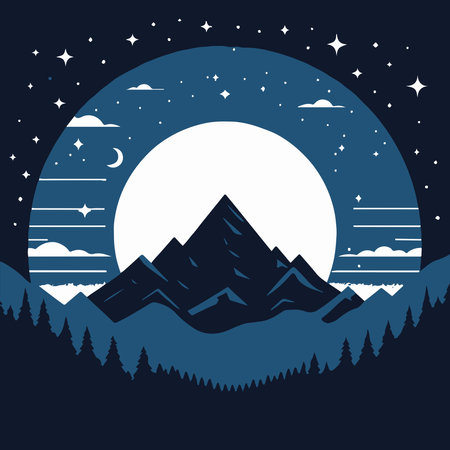 Mountain landscape at night. Vector illustration in flat design style.のイラスト素材