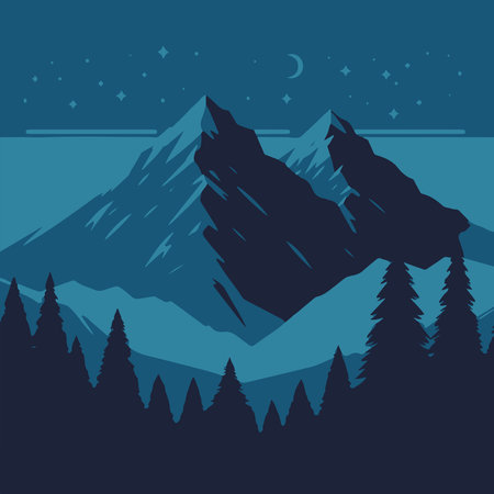 Mountains and forest in the night. Vector illustration in flat styleのイラスト素材