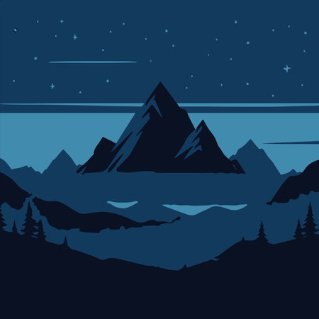 Mountains and lake at night. Vector illustration in flat style.のイラスト素材