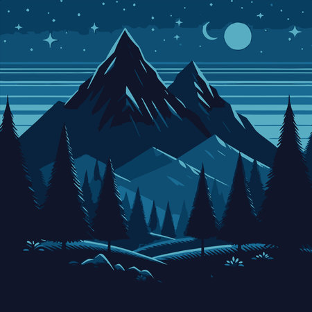 Mountains and coniferous forest at night, vector illustration.のイラスト素材