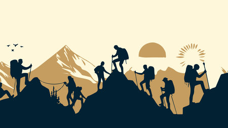 Silhouettes of mountaineers in the mountains. Vector illustrationのイラスト素材