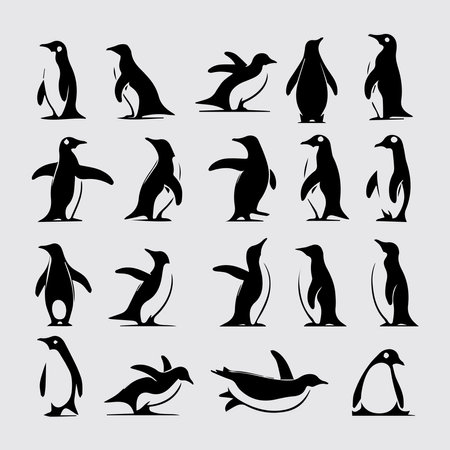 Set of penguins icons. Black and white. Vector illustration.のイラスト素材