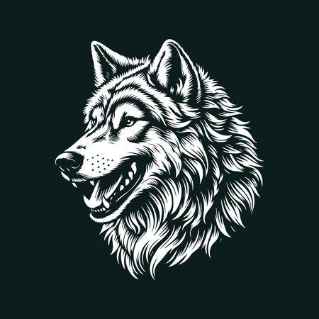 Wolf head isolated on black background. Vector illustration for t-shirt, poster, print and other uses.のイラスト素材