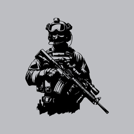 Vector illustration of a special forces soldier with assault rifle isolated on grey backgroundのイラスト素材