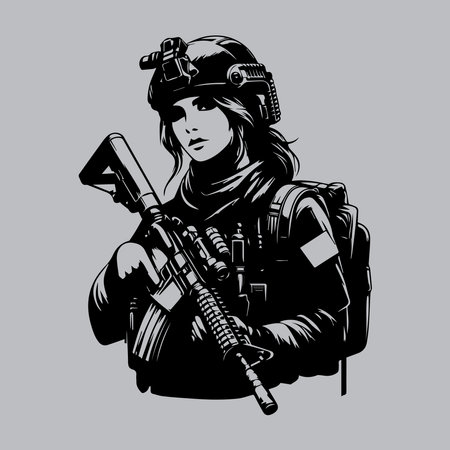 Soldier woman with assault rifle. Vector illustration in vintage style.のイラスト素材