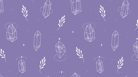 Seamless pattern with hand drawn crystals and leaves. Vector illustration.のイラスト素材