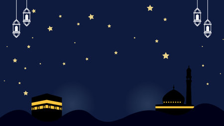 Illustration of Ramadan Kareem Background with Mosque, Lanterns and Stars