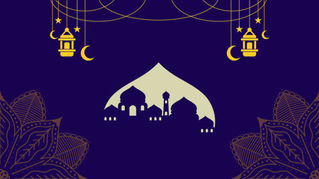 Eid Mubarak Islamic background with mosque and crescent moon. Vector illustration.のイラスト素材