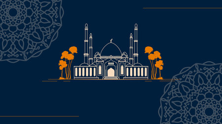 Illustration of Ramadan Kareem Greeting Card with Mosque and Treesのイラスト素材