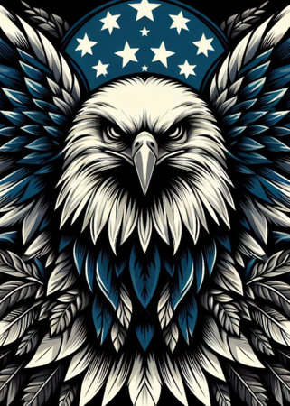 American eagle with stars and feathers on a black background. Vector illustration.