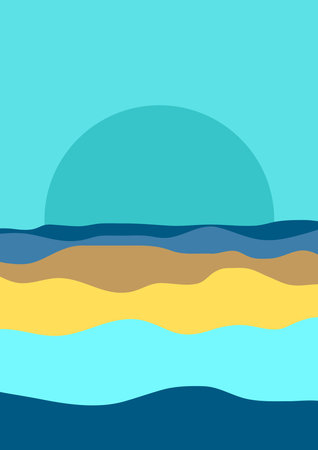 Seascape with sea and sun. Vector illustration in flat styleのイラスト素材