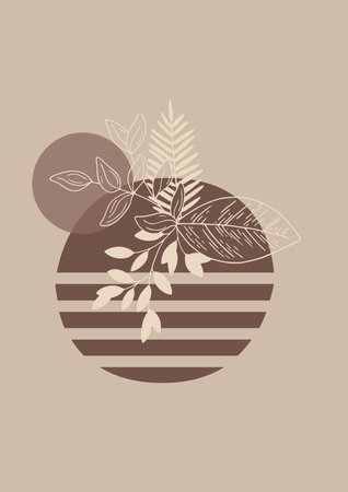 Abstract floral background with leaves and stripes in brown and beige colorsのイラスト素材