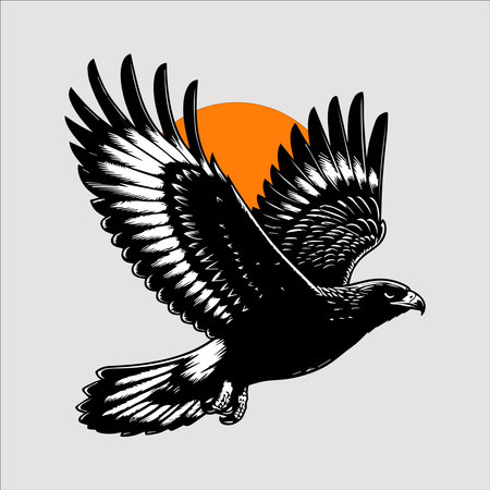 Eagle flying against the sun. Vector illustration in retro style.のイラスト素材