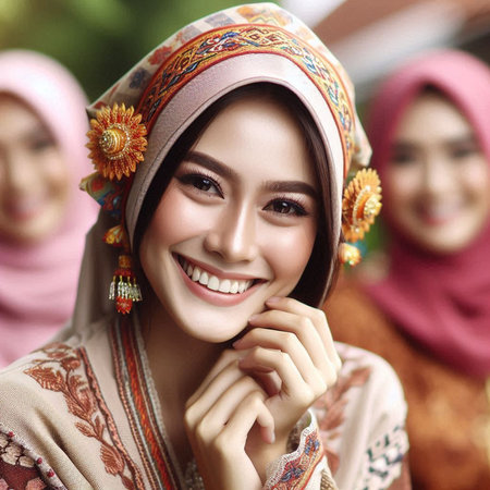 Beautiful asian muslim woman in traditional costume smiling and looking at cameraの素材