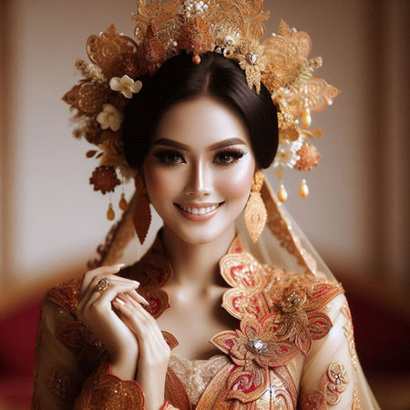 Portrait of a beautiful bride in a wreath of flowers.の素材
