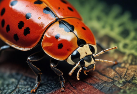 Beautiful red ladybug macro photo on a dark wooden background.の素材