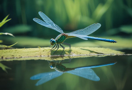 Blue dragonfly resting on a green leaf with reflection in the waterの素材
