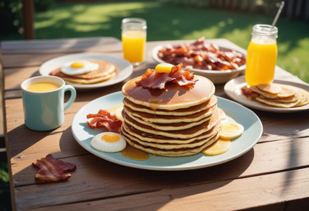 Breakfast with pancakes, bacon and orange juice on wooden table in gardenの素材