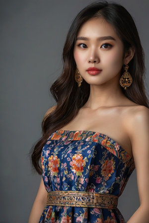 Portrait of a beautiful asian woman with makeup in fashion dressの素材