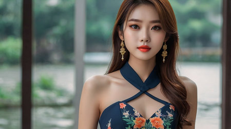 Portrait of a beautiful asian woman model in blue dress.の素材