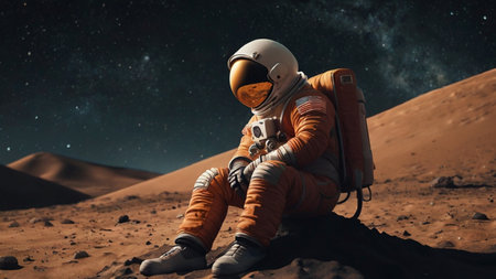 Astronaut sitting on the edge of the sand in the desertの素材