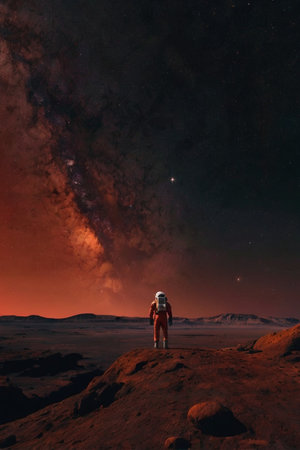 Astronaut standing on the surface of an alien planet in outer space.の素材