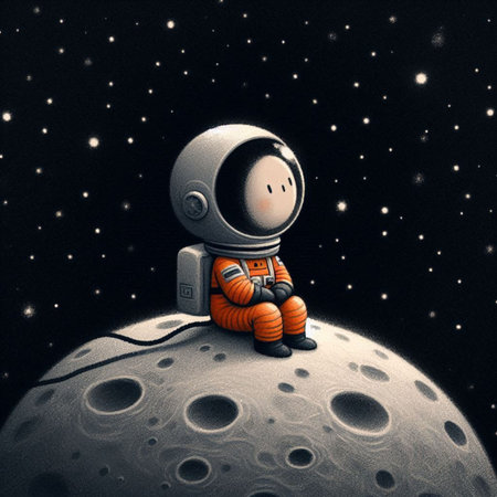 Astronaut sitting on the moon in space. Fantasy illustration.の素材