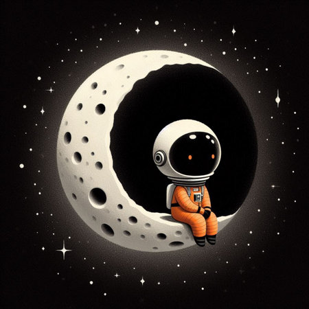 Astronaut and moon on black background. 3d illustration.の素材
