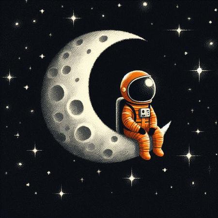 Astronaut sitting on the moon in space. Hand drawn illustration.の素材