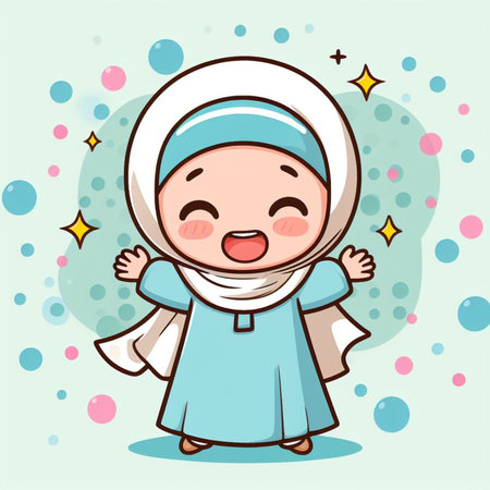 Cute Muslim Girl Cartoon Character Vector Illustration. Suitable for greeting card, poster and bannerの素材