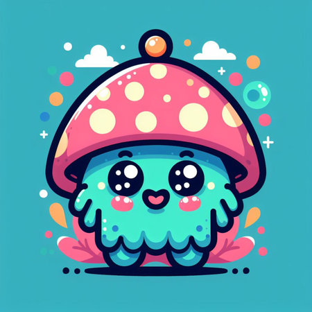 Funny cartoon mushroom character. Vector illustration. Cute kawaii mushroom.の素材