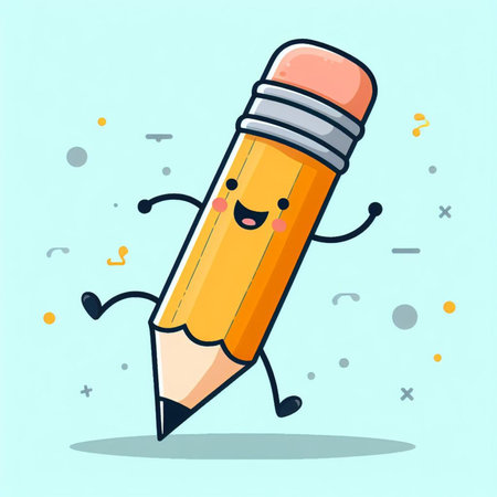 Cute cartoon pencil character. Vector flat line design cartoon illustration iconの素材