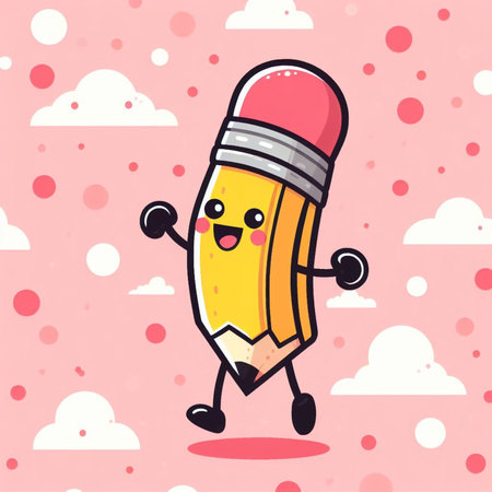 Cute Cartoon Pencil Character in Flat Design Style. Vector Illustrationの素材