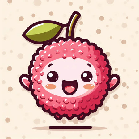 Funny cartoon lychee fruit character with cute face. Vector illustration.の素材