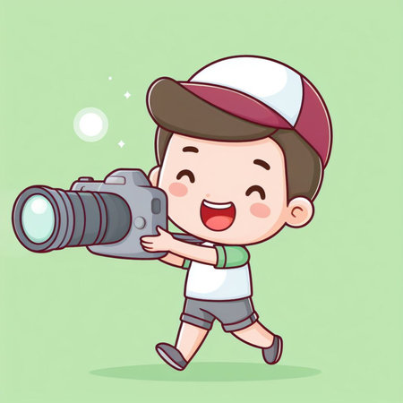 Cute boy with camera. Vector illustration. Cute cartoon style.の素材