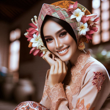 A beautiful woman wearing traditional Indonesian clothing, smiling sweetly and full of warmthの素材