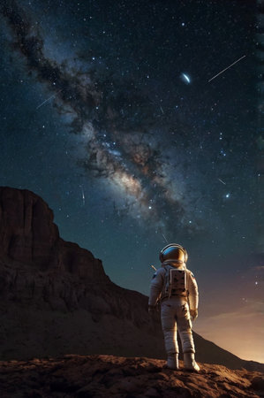 A wallpaper featuring an astronaut observing a stunning meteor shower in space with falling stars in the backgroundの素材