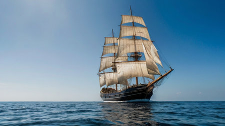 A wallpaper featuring a seascape with a sailing ship gliding over calm blue waters, and a clear skyの素材