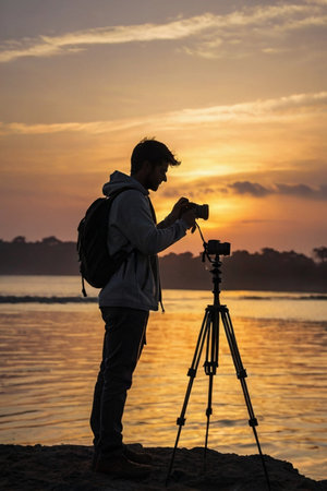 a background with the silhouette of a photographer capturing a sunriseの素材