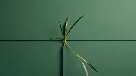 Green background with a green sheet of paper and a branch of a plantの素材