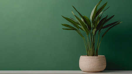 Houseplant in a wooden pot on a green background with copy spaceの素材