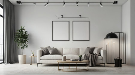 Modern living room interior with two vertical posters on wall, sofa and coffee table. 3d renderの素材