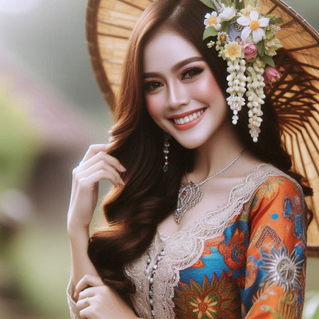 Beautiful asian woman in traditional Thai dress with flower wreathの素材